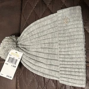 Michael Kors Light Gray Pom Pom Beanie Ribbed Knit Women's Hat NWT